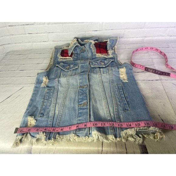 UNIF Womens Small Denim Jean Button Up Front Vest Distressed Destroyed Patches - Picture 10 of 12